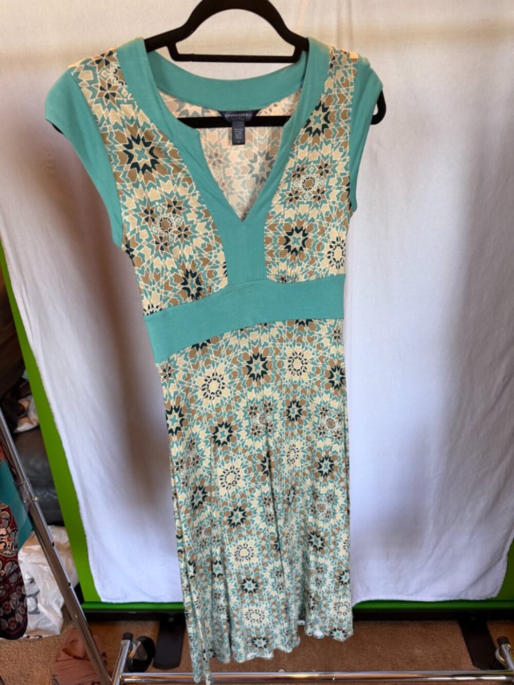 BANANA REPUBLIC Teal Mosaic Geometric V-Neck Cap Sleeve Dress S